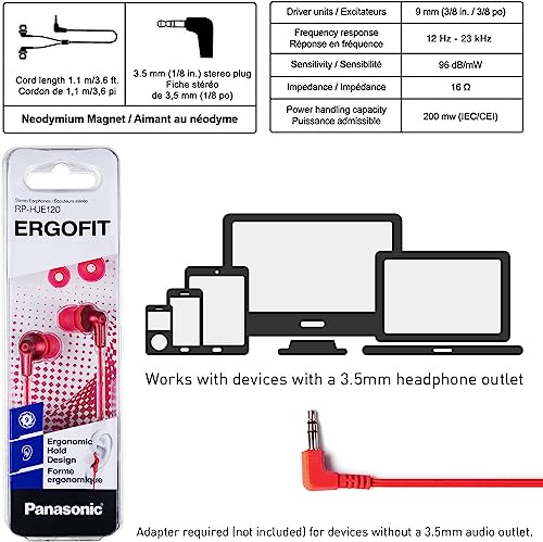 Image of Panasonic Ergofit in-Ear Earbud Headphones Metallic Red (RP-HJE120-RA)