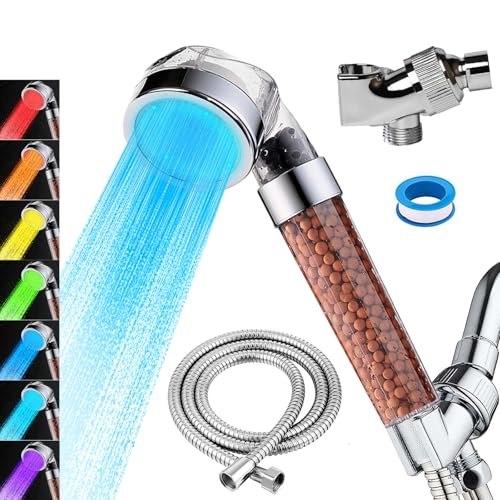 LED Handheld Shower Head Set with Filtration, Automatic 7-color Changing Shower Head Kit, High Pressure Handheld Shower Head with Hose and Bracket, Water Saving Showerheads with Filtration B