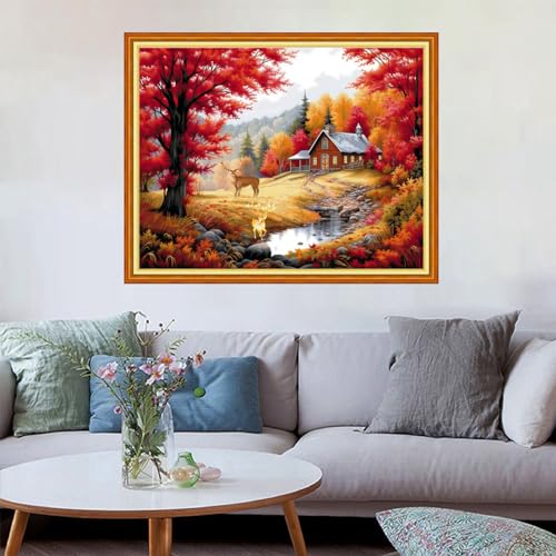 Image of Redxing Stamped Cross Stitch Kits Embroidery kit for Beginners Adults Full Range of Embroidery Patterns Starter Kits DIY Printed Cross Stitch Kits Needlepoint Kits 11CT-Golden Autumn Elk 16x20 inch