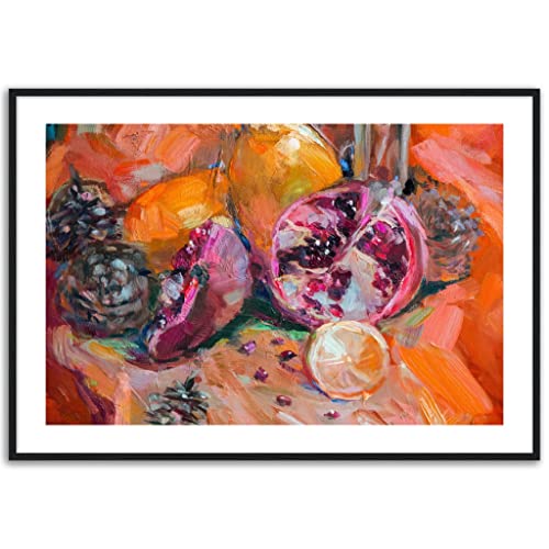 Impression artistique orange grenade encadrée de noir 70x100 cm de décoration murale pour cuisine