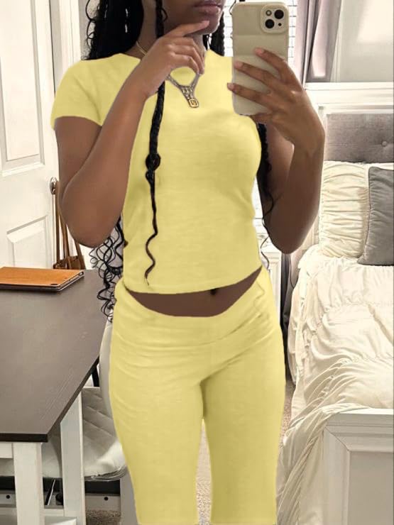 Image of AYWA Women's 2 Piece Lounge Sets Short Sleeve Crop Top Foldover Flare Pants Casual Pajama Outfits