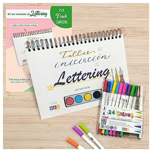 Kit lettering para niñas - Cuaderno lettering principiantes más 24 Colores para pintar - Rotuladores punta fina y punta gruesa - Caligrafía para Principiantes