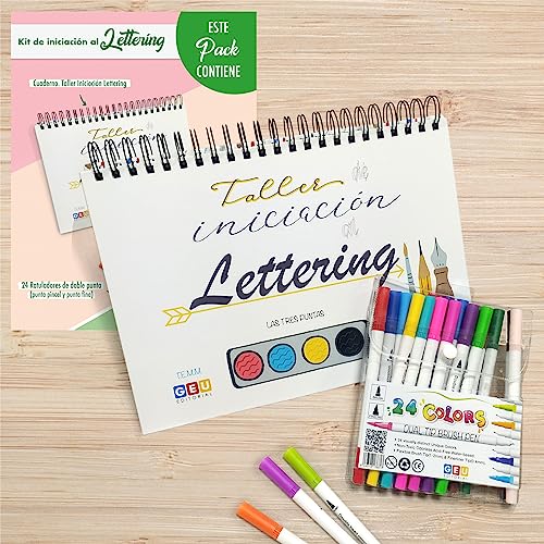 CUADERNO LETTERING PARA NIÑAS Y NIÑOS | Lettering Para Niños | Lettering Kit Para Niñas y Niños | Kit Lettering Para Adolescentes | Lettering Adultos | Incluye 24 Rotuladores | Editorial Geu