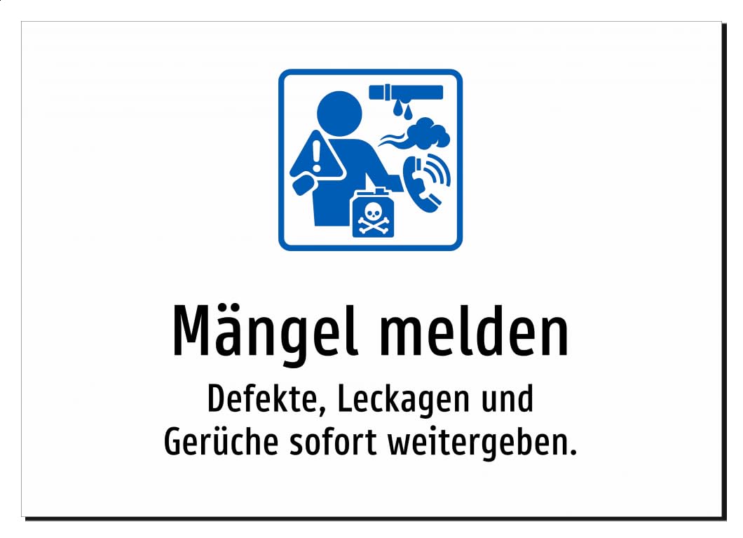 35998-DE-S-06 | Mängel melden - Defekte, Leckagen und Gerüche sofort | Aluminiumschild A5, 210 x 148mm | mit Symbolgrafik und Text