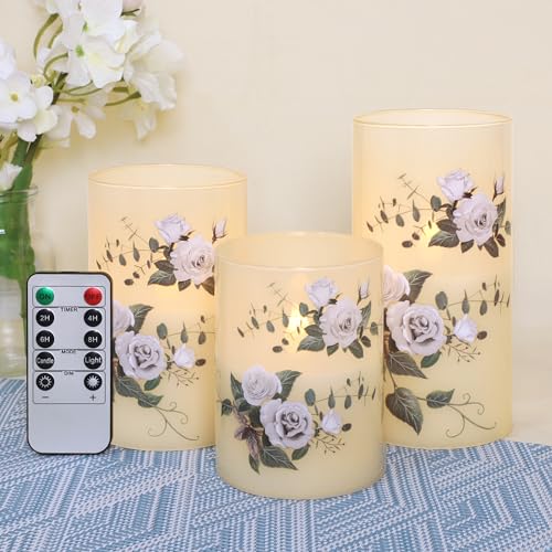Image of Glass Flameless LED Candles with Timer, Battery Operated Flickering Wax Pillar Candles with Remote, Rose Floral Decoration for Spring Wedding Love Themed Party
