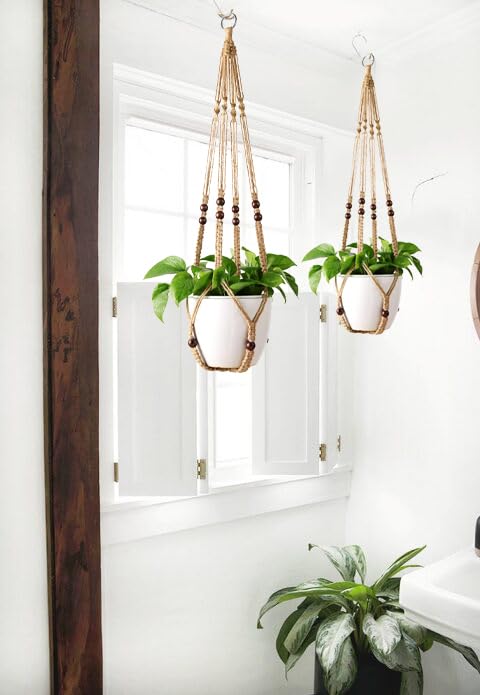 LOVE N BEYOND Aster Macrame Plant Hangers, Unique Designs,Handmade Cotton Rope Hanging Planters Flower Pots Holder Stand, for Indoor Outdoor Boho Home Décor Without Tassel (Brown Set of 2) 3