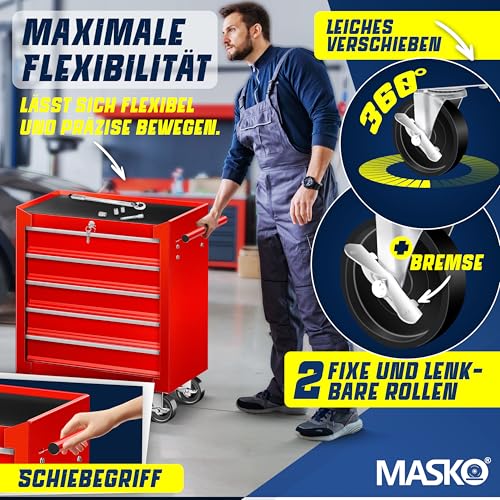 Masko® Carro de taller con 5 cajones y cerradura, rojo, metal macizo. Carro de herramientas profesional y movible sin equipamiento, carrito con ruedas para almacenamiento de herramientas con candado - imagen 6