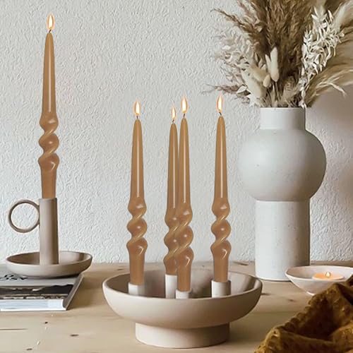 Image of Twisted Taper Candle Smokeless Brown Spiral Candlesticks 9.5 Inch Unscented Handmade Dinner Candles for Holiday Wedding Party Home Decoration Seasons 2 Pcs