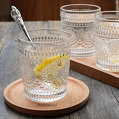 Image of PrimeWorld Embossed Romantic European Crystal Whiskey Glasses Set of 6 pcs- 300 ml Bar Glass for Drinking Bourbon, Whisky, Scotch, Cocktails, Cognac- Old Fashioned Cocktail Tumblers