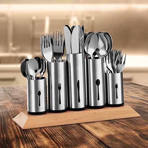 Bruntmor, 18/8 Stainless Steel Flatware Organizer Holder Caddy With Wood Base. Use For 12 Knives, Forks, Spoons, Coffee Spoons And Pastry Forks, On A Wooden Stand Made From Rubberwood. #TOP2