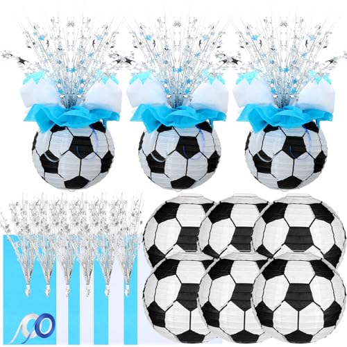 Rossesay 26 Pieces Soccer Ball Lantern Centerpieces Decorations Soccer Centerpieces Supplies with Metallic Foil Spray Centerpiece Wrapping Paper and Ribbons for Soccer Birthday Party Decorations