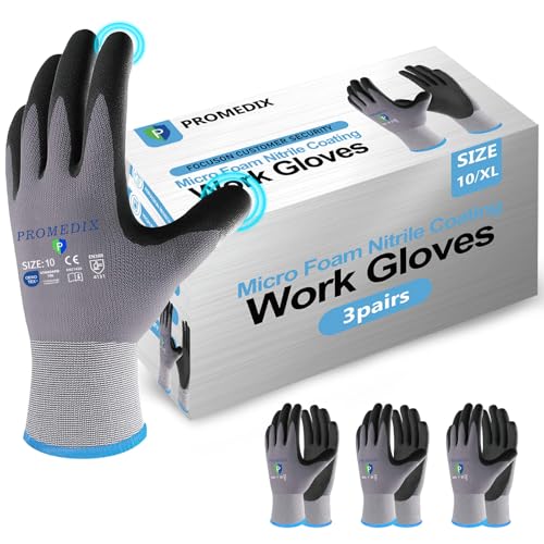PROMEDIX P 3 Pairs Work Gloves with Grip for Cleaning Garden Mechanic Fishing Working Nitrile Coated for Men Gardening XL-3