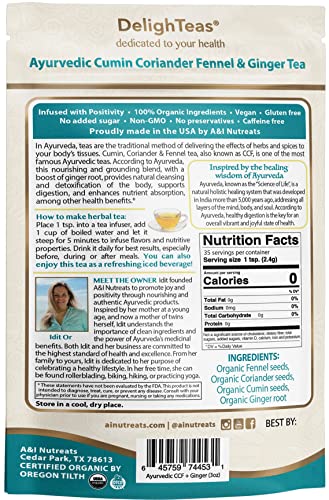 Delighteas Organic Digest & Detox Ccf Tea With Ginger | Ayurvedic Cumin, Coriander, Fennel, Ginger Loose Leaf Tea For Digestion | Usda Organic, Non-Gmo, Caffeine Free, Sugar Free | 40 Servings, 3Oz #TOP5
