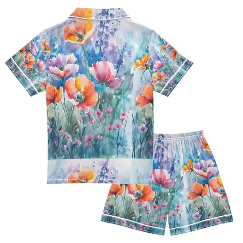 senya Watercolor Flowers A Satin Summer Pajama Sets Silk Short Sleeve Button Down Sleepwear2