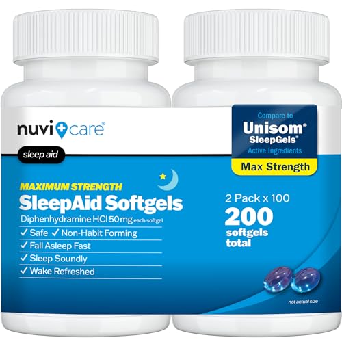 NUVICARE Maximum Strength SleepAid Soft Gels - Nighttime Sleep Aid with Diphenhydramine HCl 50mg - Non Habit Forming Sleeping Pills for Adults - Extra Strong OTC Sleep Aids for Adults (2 Pack)