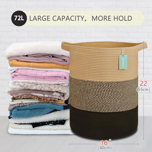 Image of Cotton Rope Blanket Basket, 72L Tall Laundry Hamper, Brown & Black | 16 inchx 22 inch, Large Collapsible Woven Nursery Hamper with Sturdy Handles for Clothes Toys Towels, Bedroom Living Room Bathroom