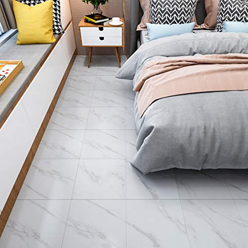 Veelike Vinyl Floor Tiles Peel And Stick 12''X12'' White Marble Flooring Tiles Self Adhesive Waterproof Floor Vinyl Sticker Tiles Decorative For Bathroom Bedroom Kitchen Wall Basement 4 Pack #TOP6