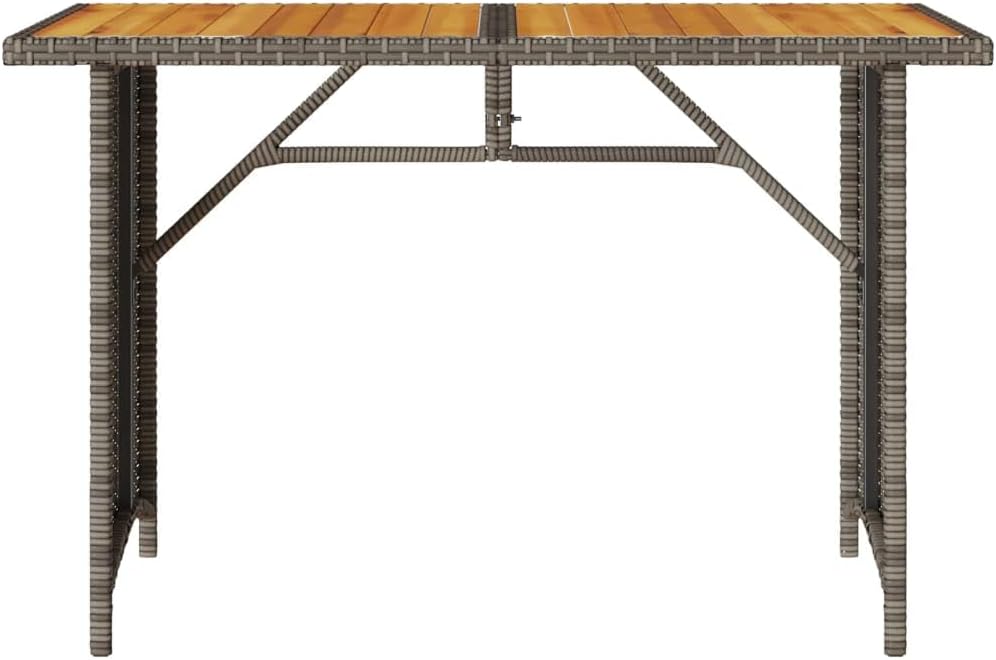 Contemporary Grey PE Rattan Garden Dining Table with Solid Acacia Wood Top and Powder-Coated Steel Frame for Outdoor Patio Terrace Seating Capacity for Six People Durable