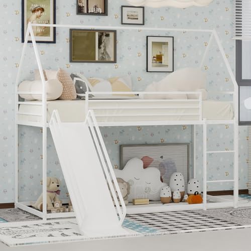 Yihomfy Lit Superposé Enfant avec Toboggan Lit Cabane 90x190 cm et Échelle pour Enfants, Lit Mezzanine 2 Places Cadre en Métal Stable