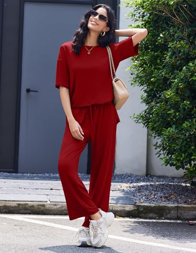 Image of Ekouaer Lounge Sets for Women Short Sleeve Tops and Long Pants Soft Comfy Pajamas Set 2 Piece Outfits