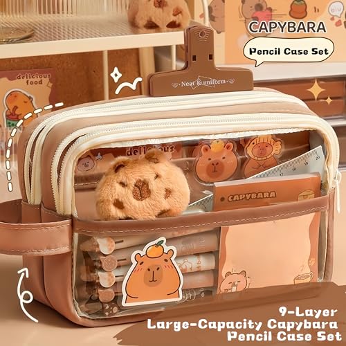 Image of Kawaii Capybara Pencil Case Kit with Plush +Notepad+Pendant+Stickers+Binder clips+Diary Clip+Pens, 5-Layer Large Capacity Capybara Stationery Set Gifts for Office, Makeup. (Brown)