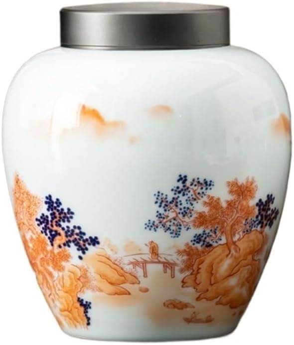 SONGCHAO Sugar Jar Ceramic Tea Storage Can Chinese Landscape Loose Tea Can Double-Layer Tin Lid Sealed Can Tea Kitchen Food Storage Can Tea Canister (Color : B, Size : Large)
