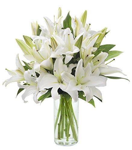 KaBloom - Pure Love White Lily Bouquet of White Lilies with Vase, 10 Count - Fresh Flowers for Birthday, Valentine's & Mother's Day