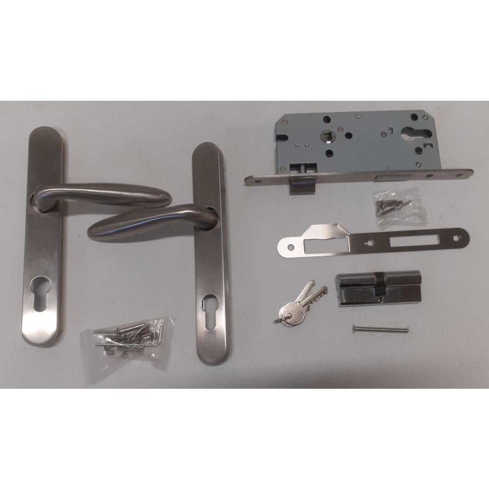 Einsteckschloss Gartentür Set Edelstahl – Türschloss 85 mm Entfernung Dornmaß 45 mm inkl Edelstahl Griff Türschild Zylinder 40/40 mit 3 Schlüsseln