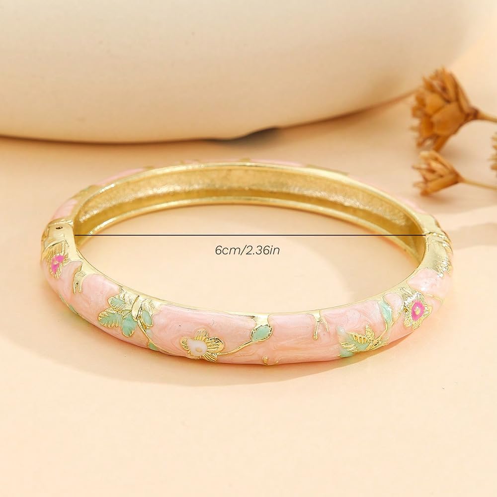 Cloisonne Bracelet For Women, Chunky Bangle Trendy Cute Flower Enamel Bangles Multi Tone Engraved Cuff Gold Plated Bracelets Stackable Wife Jewelry Friendship Gift - Image 4