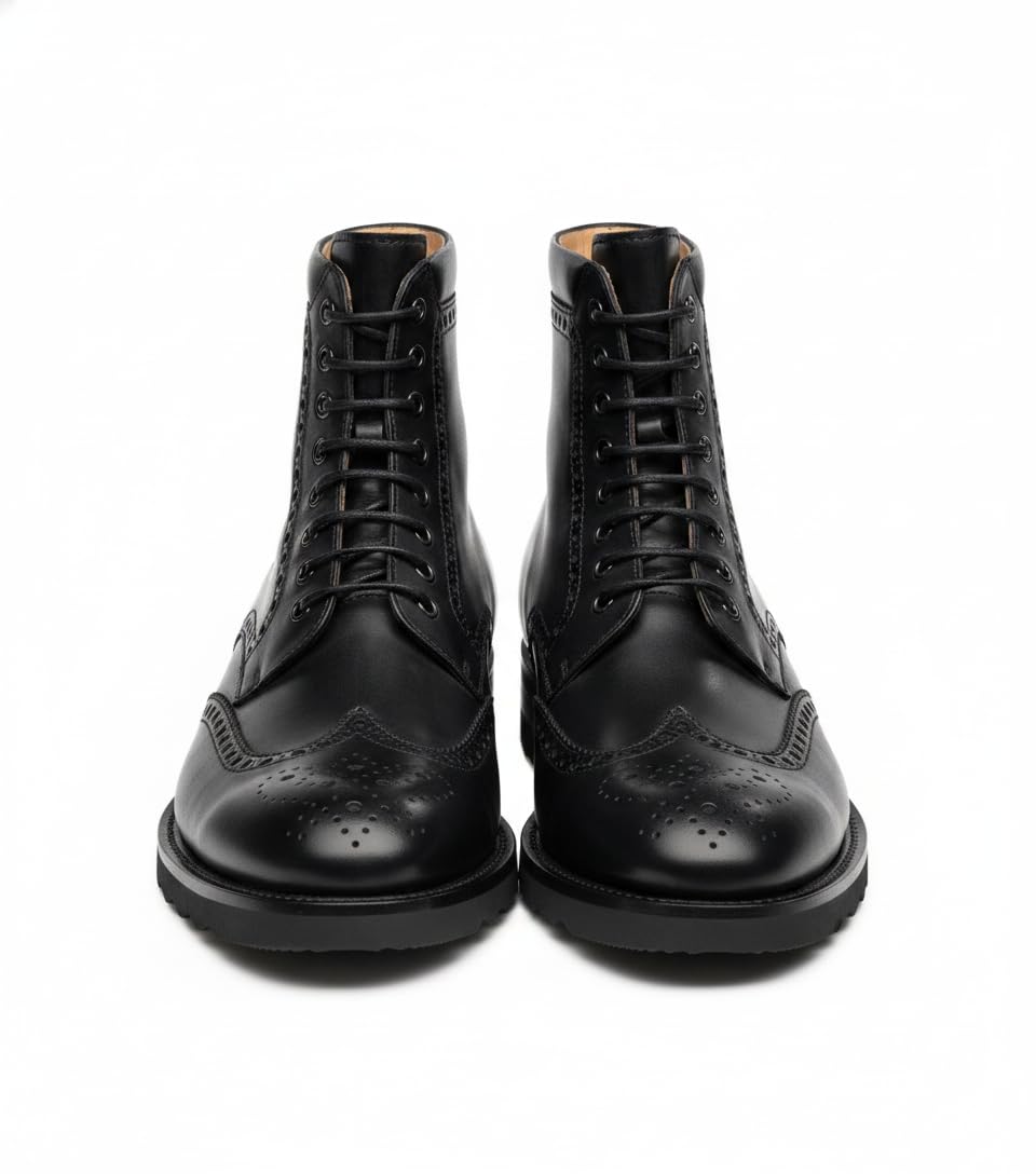 Men’s Black Wingtip Leather Boots | Premium Brogue Lace-Up Ankle Boots for Men | Handcrafted Formal Combat Boots | Luxury Dress Boots-image-15