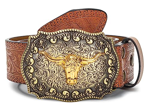 YCMI Western Cowboy Belts for Men Women - Bull Buckle...