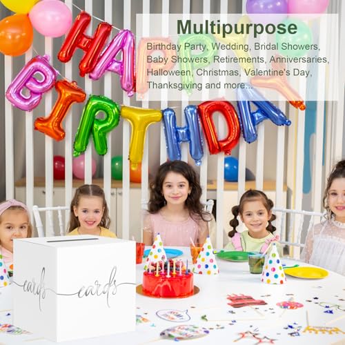 Image of White Card Box with Silver Foil Design, Paperboard 8.7 inch Card Box for Birthday Wedding Party Graduation Retirement Anniversary Valentine's Day & Baby Showers, Raffle or Money Box