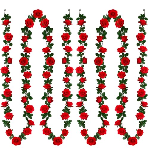 15.8FT Red Rose Fake Flower Garland 2Pack 90 Roses Artificial Vines Decor