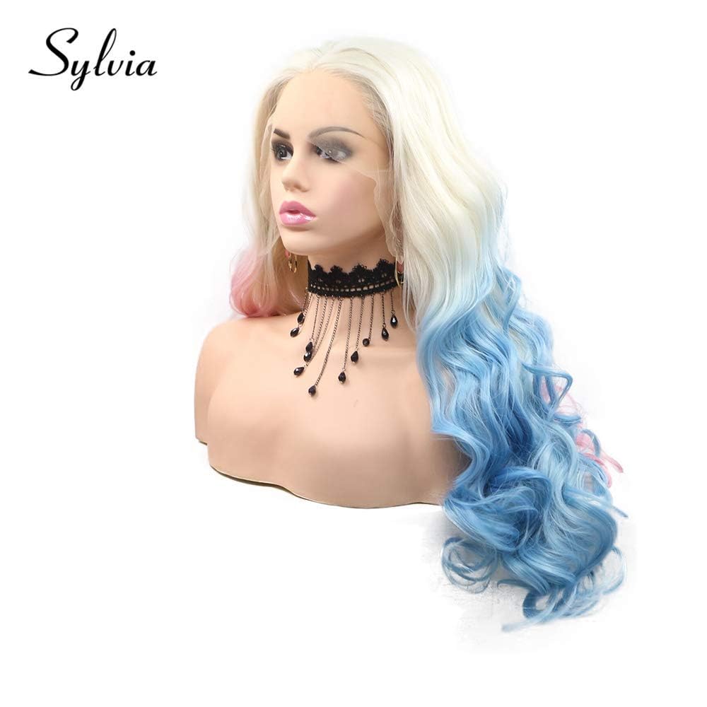 xiweiya Long White Blonde to Half Blue Pink Wigs Body Wave Mixed Piano color Glueless 13X3 Lace Wig Natural Hairline Synthetic Multi-color Lace Front Wigs Heat Resistant Fiber Hair for Women 24inch - Image 3