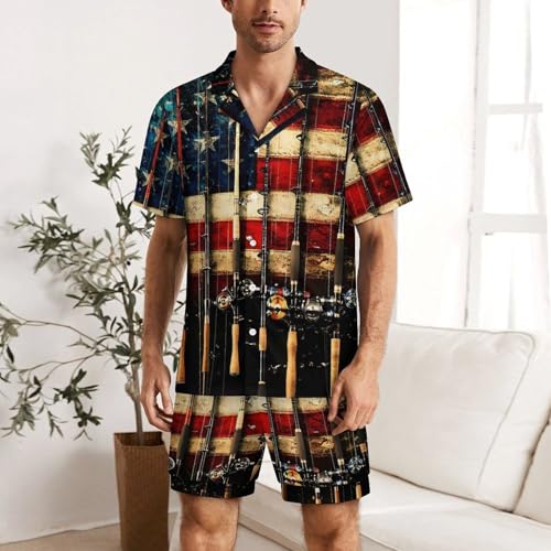 USA Flag Fishing Rod Mens Pajamas Set Short Sleeve Sleepwear Summer Pjs Sets 2 Piece Loungewear Nightwear2