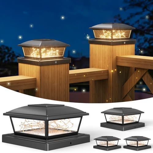 VOLISUN Solar Post Cap Lights Outdoor 4Pack, Black Fence Cap Lights Solar Powered Fits 4x4 6x6 Wooden/4x4 5x5 Vinyl Post, Firefly filaments Lighting for Garden/Patio/Porch,with Warm White
