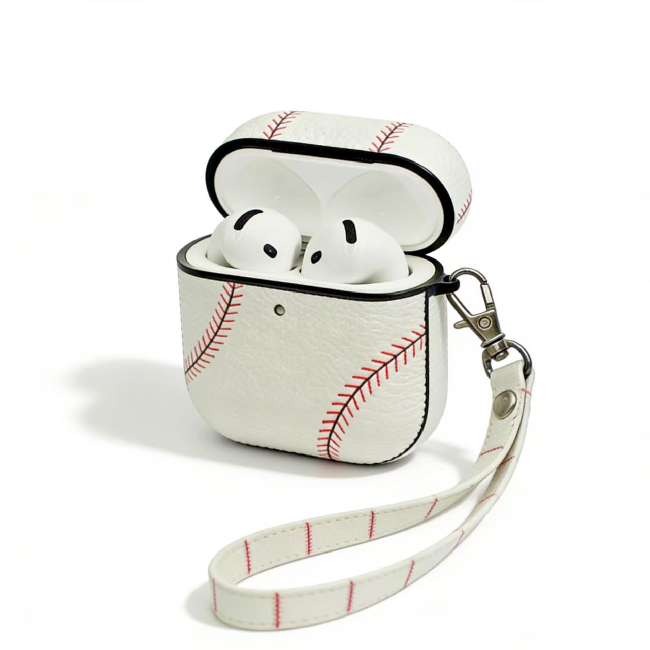 Baseball AirPods Pro 3 Case 2025, Premium PU Leather Protective Cover with Keychain, Cute Hard Shell Earbuds Case, White