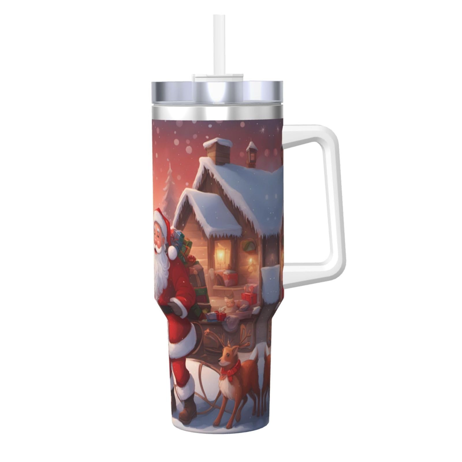 Taza instantánea de doble pared con estampado de Papá Noel de invierno de 40 onzas con tapa de asa y pajita, adecuada para batidos de agua, batidos