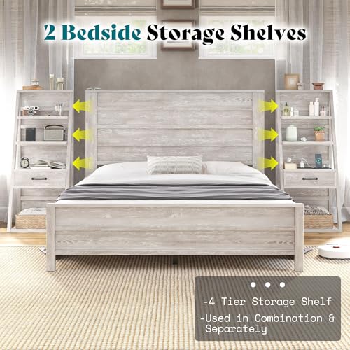 Image of AMERLIFE King Size Platform Bed Frame with Wide Headboard & Bookshelves