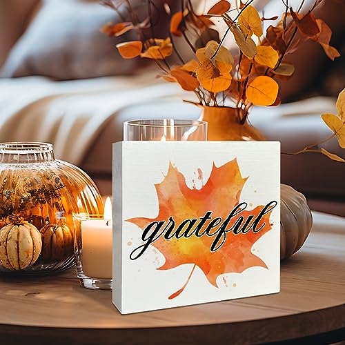 Image of Thanksgiving Table Wooden Box Sign, Thankful Autumn Table Decor Fall Maple Leaf Farmhouse Tabletop Decorations for Home Office Harvest Thanksgiving Rustic Desk Decor