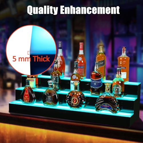 Led Lighted Liquor Bottle Display Shelf, Suspension Type, 3 Layer 30 Inch, Remote & App Control, Acrylic with Wine Holder Slots, Multi Functional Wine Rack