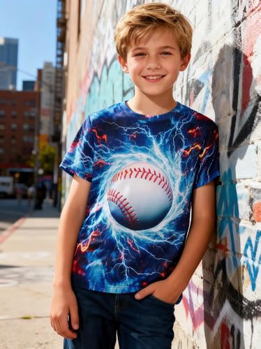 Enlifety 6T 8T Boys Shirts Lightning 3D Graphic T Shirts Blue Red White Baseball Tees for Sport