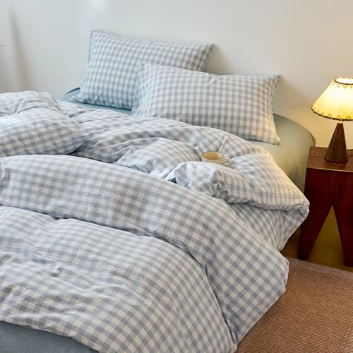 Image of EAVD Vintage Style Blue&White Plaid Gingham Duvet Cover Queen Soft 100% Washed Cotton Chic Grid Checkered Bedding Set with 2 Pillowcases Farmhouse Blue Plaid Duvet Cover with Zipper Closure