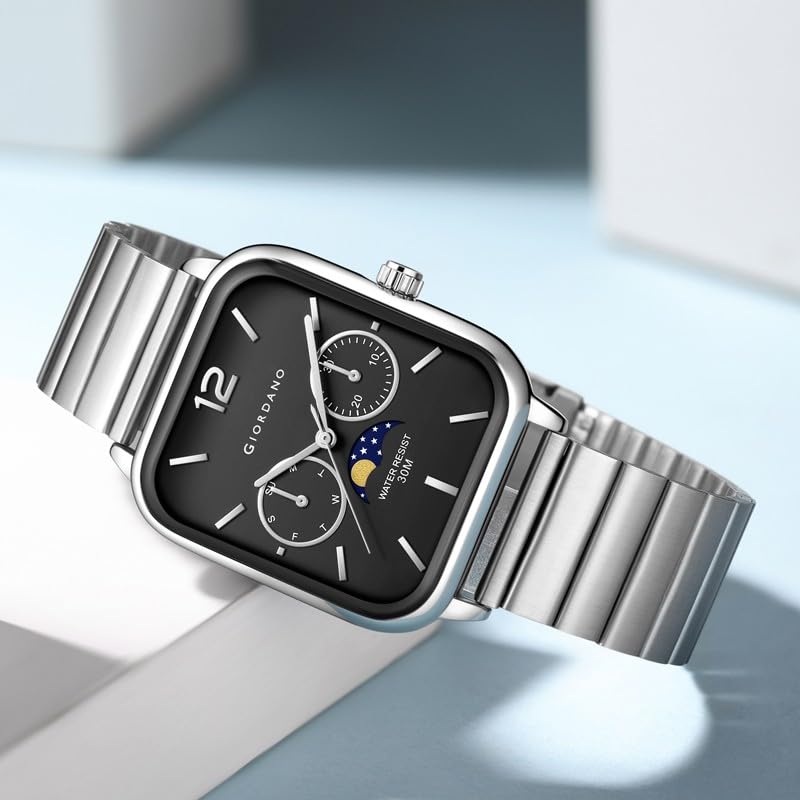 Image of Giordano Classic Square Analog Watch for Men with Moon Phase Display and Stainless Steel Strap - GZ-50117