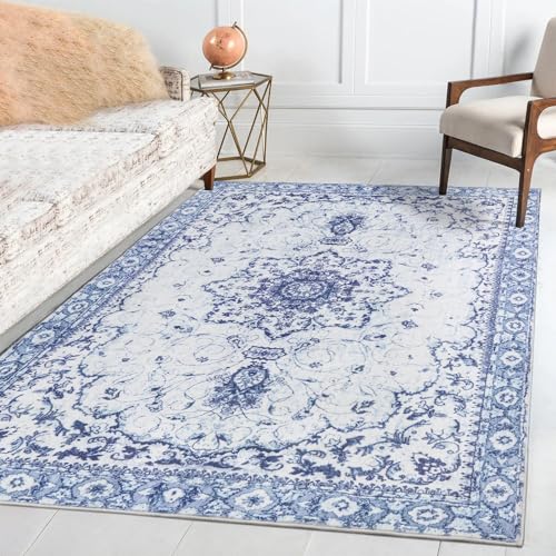 Image of Sofrug Vintage Floral Area Rug 5'x7' Honeycomb Non-Slip Backing - Blue Thicker Faux Wool Rug - Foldable & Machine Washable Rug for Living Room Bedroom Dining Room Home Office Decor