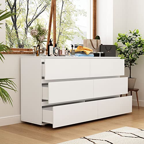 Didugo White Dresser Chest Of Drawers 6 Drawer Chest, Wide Storage, No Handle Design, White Dresser For Bedroom Hallway (59”W X 15.7”D X 32.3”H) #TOP3