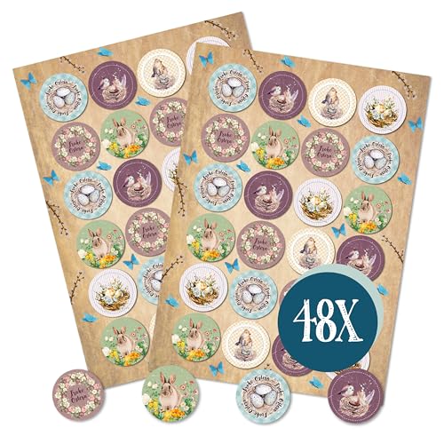 Pegatinas de Pascua vintage, 48 unidades: pegatinas Pascua con pájaros, huevos y conejo, adhesivos Feliz Pascua, decoración conejos, etiquetas regalo redondas autoadhesivas, ⌀ 4 cm
