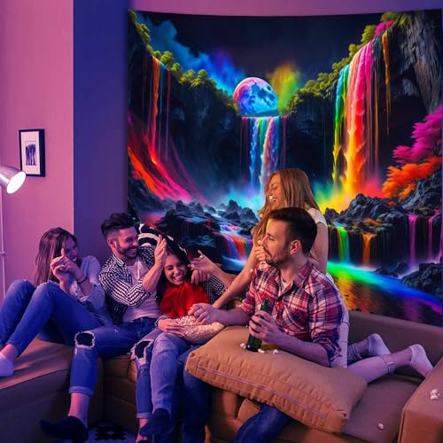 Simpkeely Blacklight Fantasy Waterfall Planet Tapestry UV Reactive Nature Tapestries Neon Landscape Mountain Wave Tapestry Wall Hanging - 150 x 130cmestry Wall Hanging - 150 x 130cm