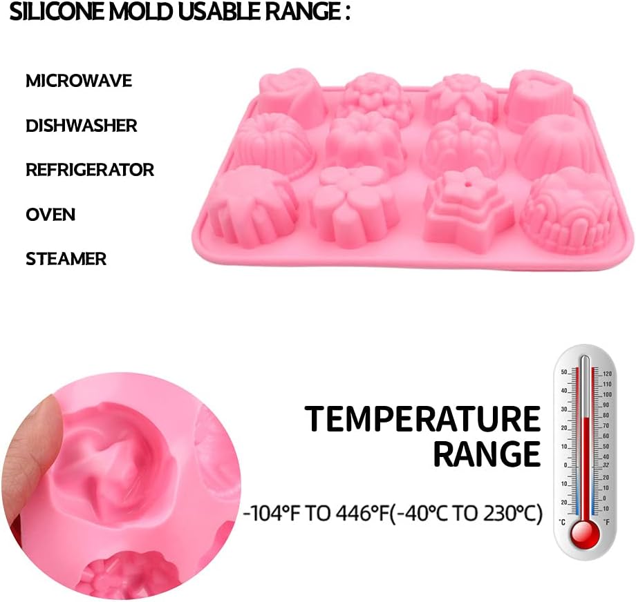 BAKER DEPOT Silicone Bakeware Mold For cake chocolate Jelly Pudding Dessert Molds 12 Holes With Flower Heart Shape Set of 3
