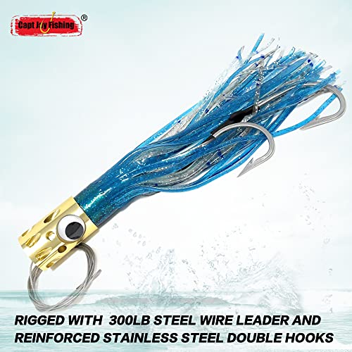 Capt Jay Fishing Offshore Big Game Trolling Lure For Marlin Tuna Mahi Wahoo Trolling Lures (Golden Monster-Length 13.5 Inch ) (Blue-(Stainless Wire Cable)) #TOP2